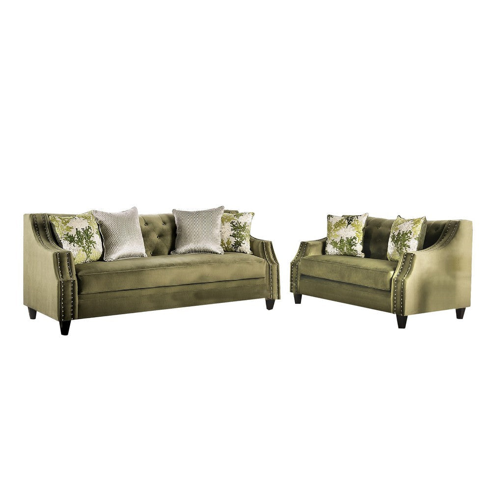 Syna Sofa and Loveseat Set, Bench Style Seat, Green Tufted Microfiber