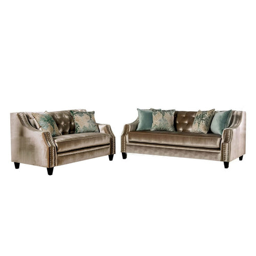 Enny Sofa and Loveseat Set, Bench Style, Champagne Turquoise Chenille