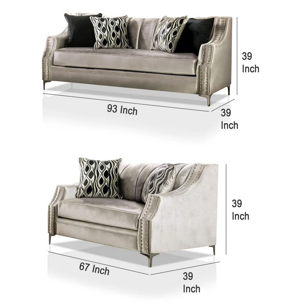 Enny Sofa and Loveseat Set 6 Accent Pillows Silver Black Chenille BM330291