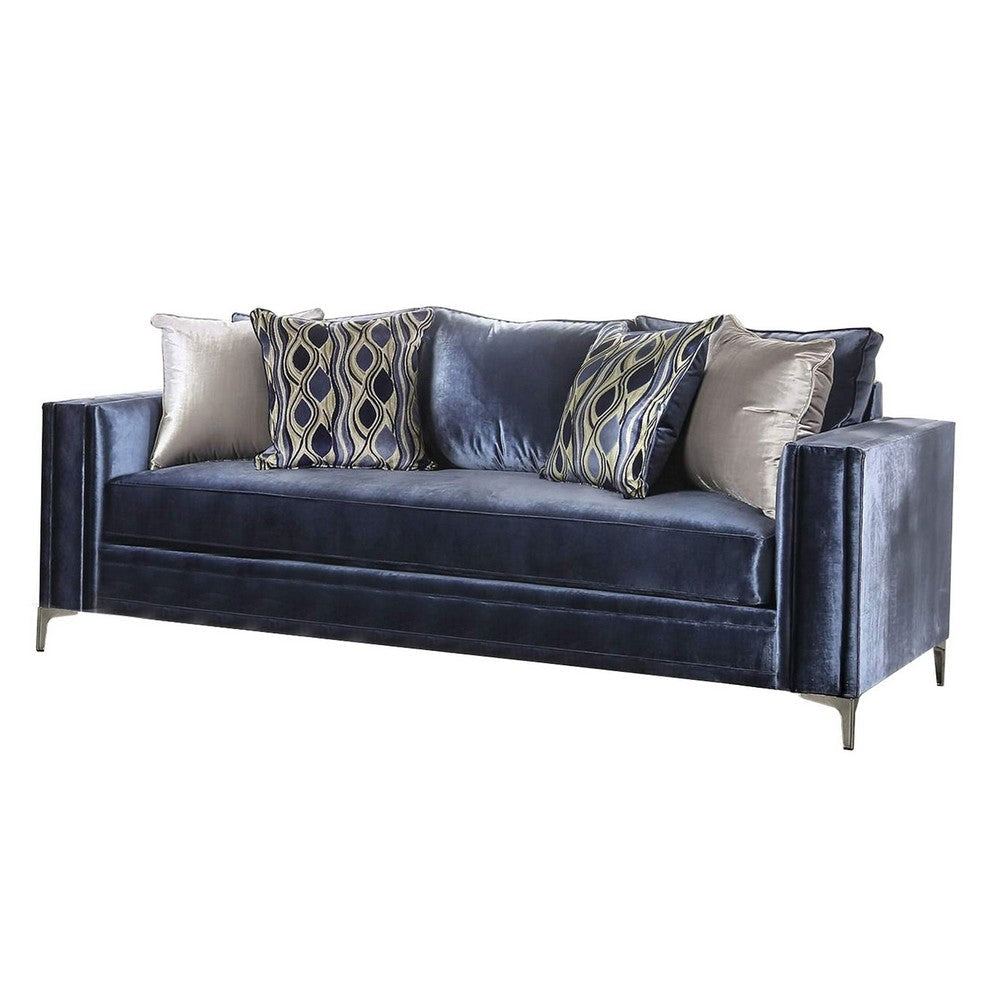 Odie Sofa Loveseat Set 6 Throw PIllows Satin Blue Silver Microfiber BM330292