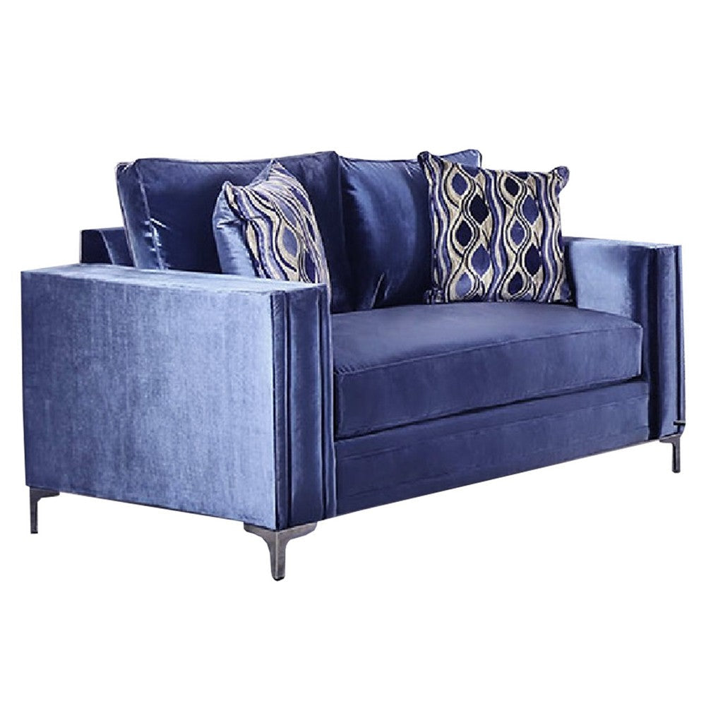 Odie Sofa Loveseat Set 6 Throw PIllows Satin Blue Silver Microfiber BM330292