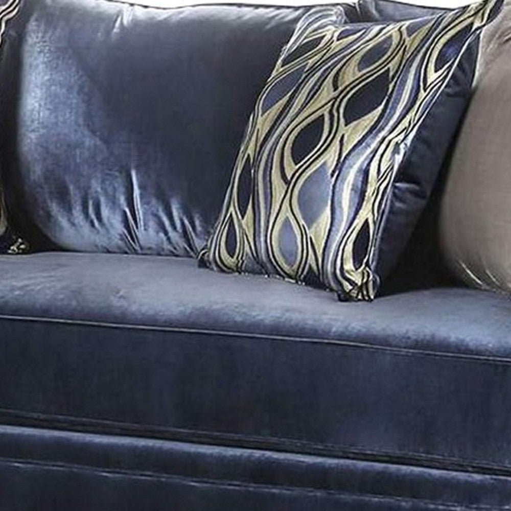 Odie Sofa Loveseat Set 6 Throw PIllows Satin Blue Silver Microfiber BM330292
