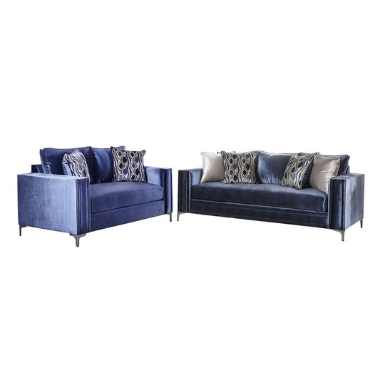 Odie Sofa Loveseat Set, 6 Throw PIllows, Satin Blue Silver Microfiber