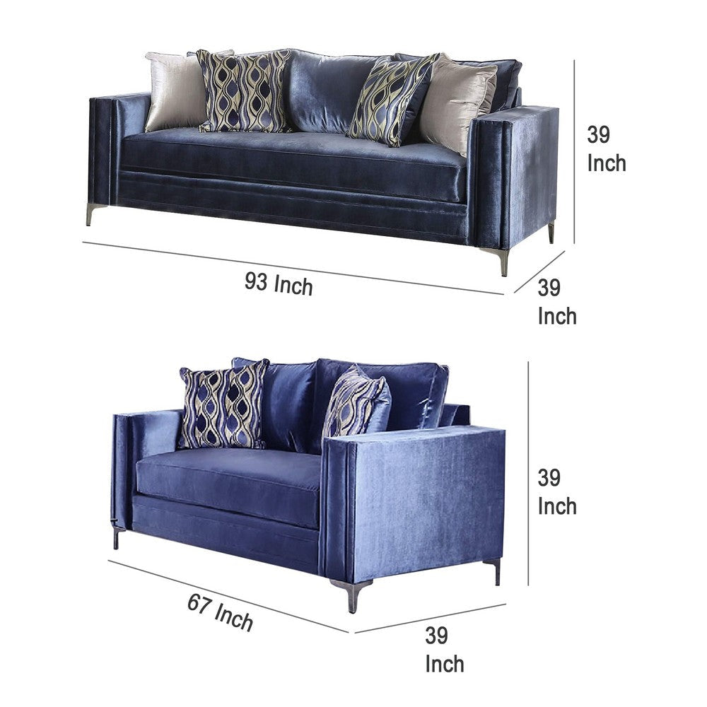 Odie Sofa Loveseat Set 6 Throw PIllows Satin Blue Silver Microfiber BM330292