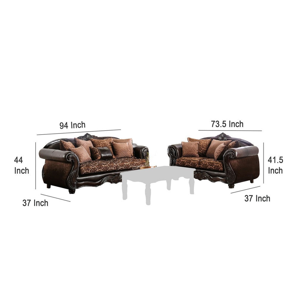 Elllie 2pc Sofa Loveseat Set Dark Brown Chenille 5 Accent Pillows BM330295