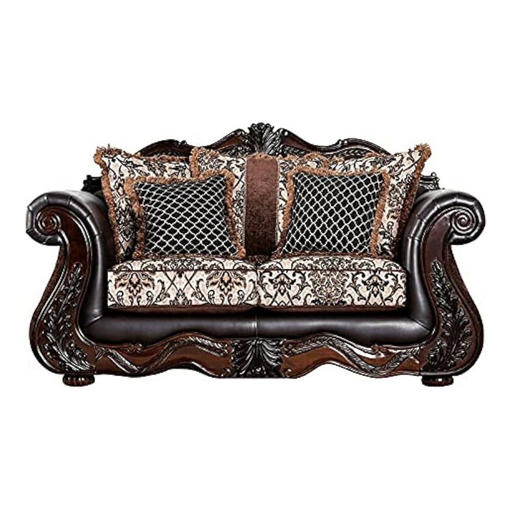 Ammy 2pc Sofa Loveseat Set Dark Brown Faux Leather 5 Accent Pillows BM330296