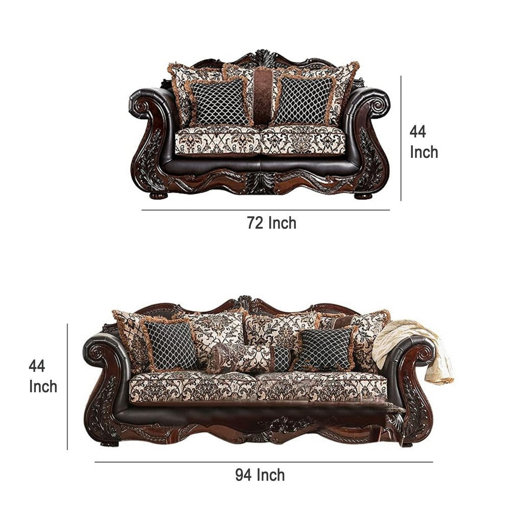 Ammy 2pc Sofa Loveseat Set Dark Brown Faux Leather 5 Accent Pillows BM330296