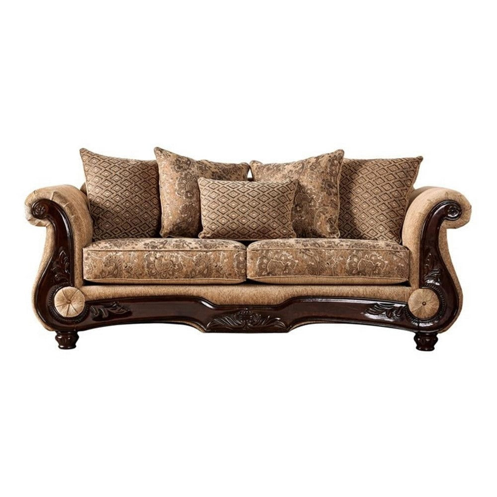 Nican 2pc Sofa Loveseat Set Tan Gold Faux Leather 8 Accent Pillows BM330297