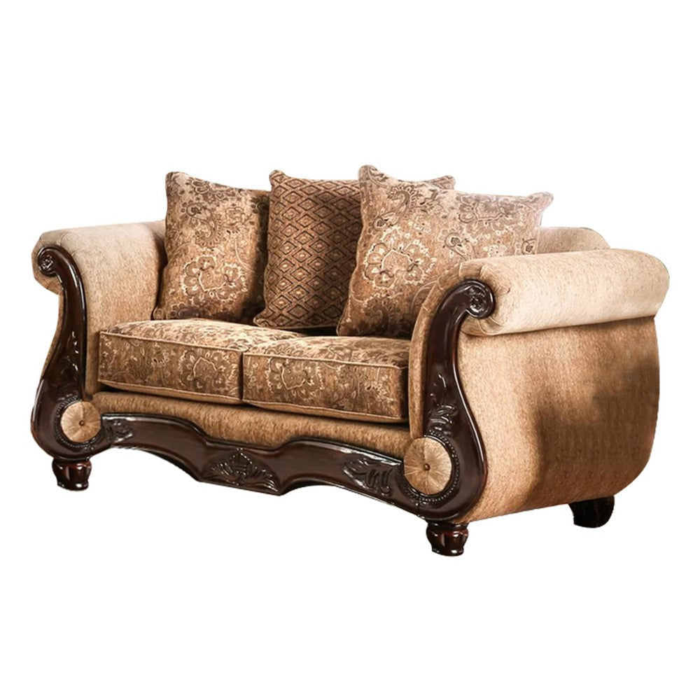 Nican 2pc Sofa Loveseat Set Tan Gold Faux Leather 8 Accent Pillows BM330297