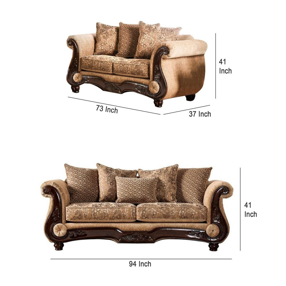 Nican 2pc Sofa Loveseat Set Tan Gold Faux Leather 8 Accent Pillows BM330297