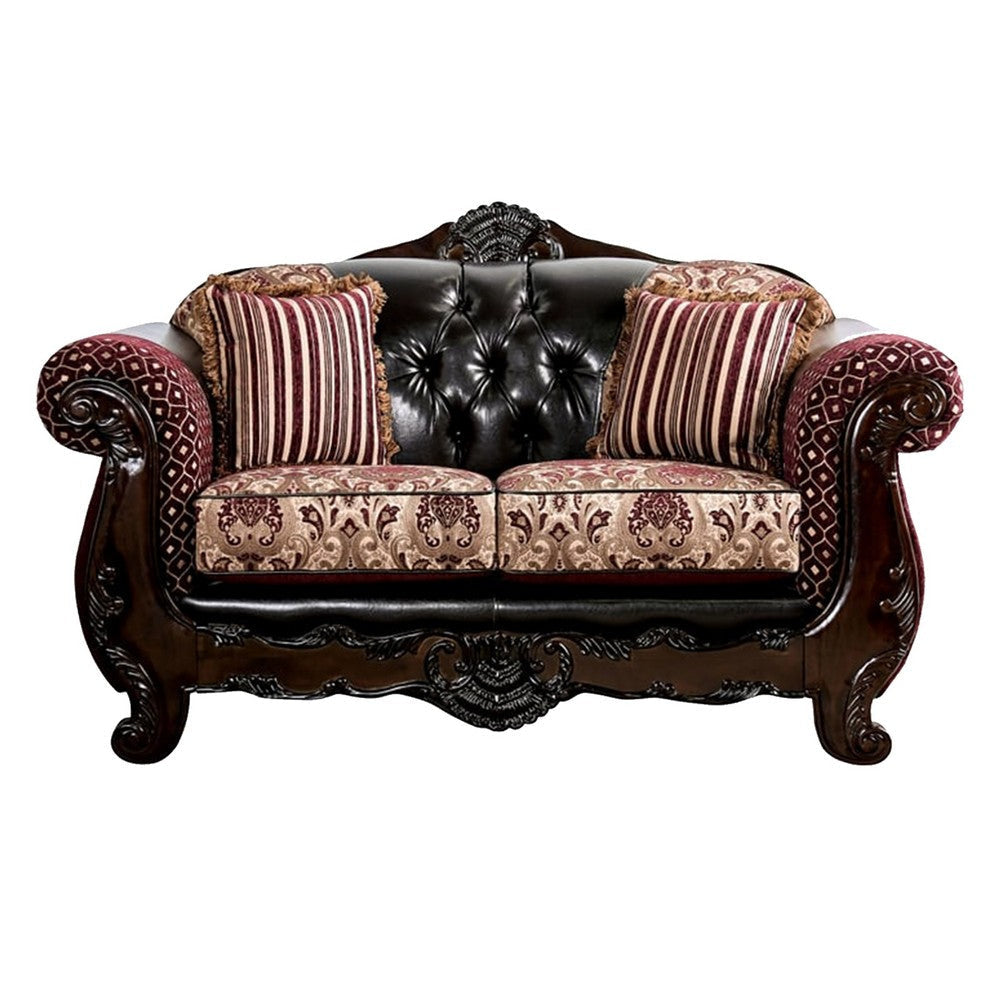 Quo 2pc Sofa Loveseat Set Burgundy Dark Brown Chenille 4 Pillows