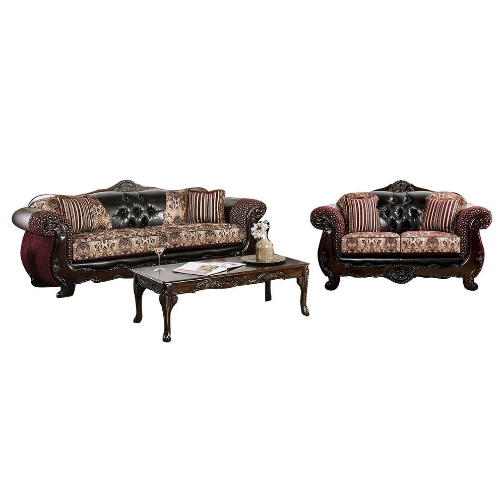Quo 2pc Sofa Loveseat Set, Burgundy, Dark Brown Chenille, 4 Pillows