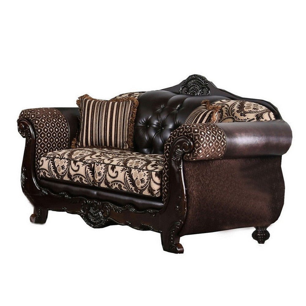 Quo 2pc Sofa Loveseat Set Brown Chenille and Faux Leather 4 Pillows