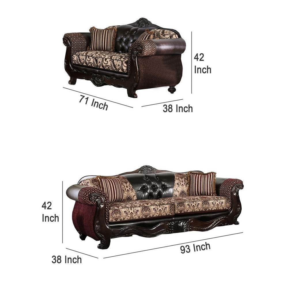Quo 2pc Sofa Loveseat Set Brown Chenille and Faux Leather 4 Pillows