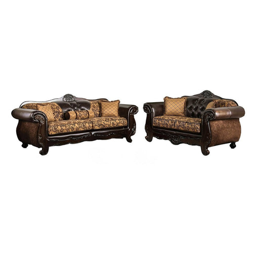 Quo 2pc Sofa Loveseat Set, Tan, Dark Brown Chenille, 4 Accent Pillows