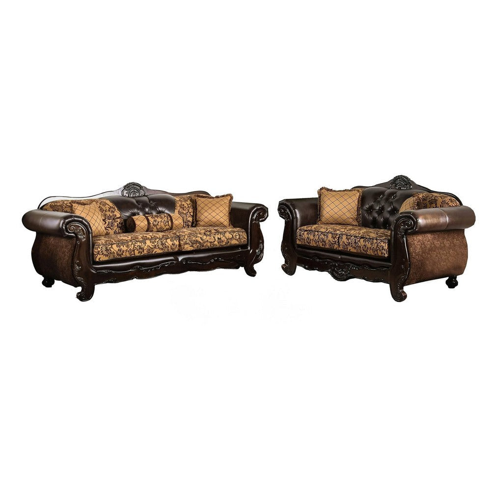 Quo 2pc Sofa Loveseat Set, Tan, Dark Brown Chenille, 4 Accent Pillows