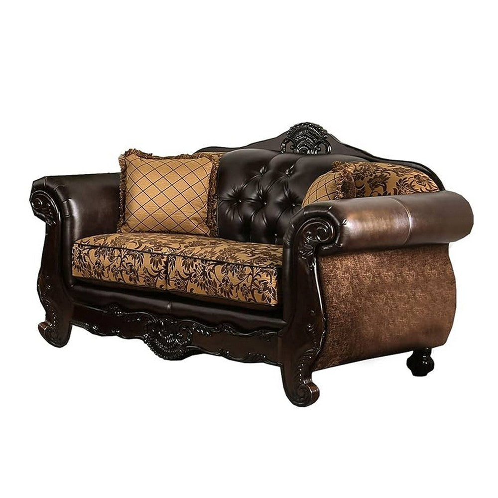 Quo 2pc Sofa Loveseat Set Tan Dark Brown Chenille 4 Accent Pillows BM330301