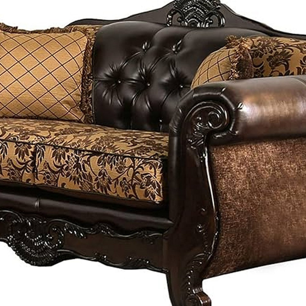 Quo 2pc Sofa Loveseat Set Tan Dark Brown Chenille 4 Accent Pillows BM330301