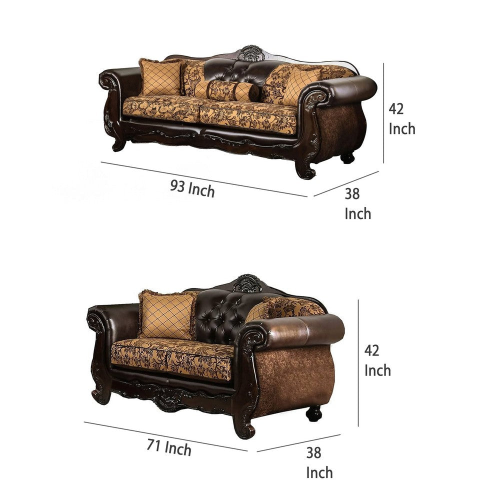 Quo 2pc Sofa Loveseat Set Tan Dark Brown Chenille 4 Accent Pillows BM330301