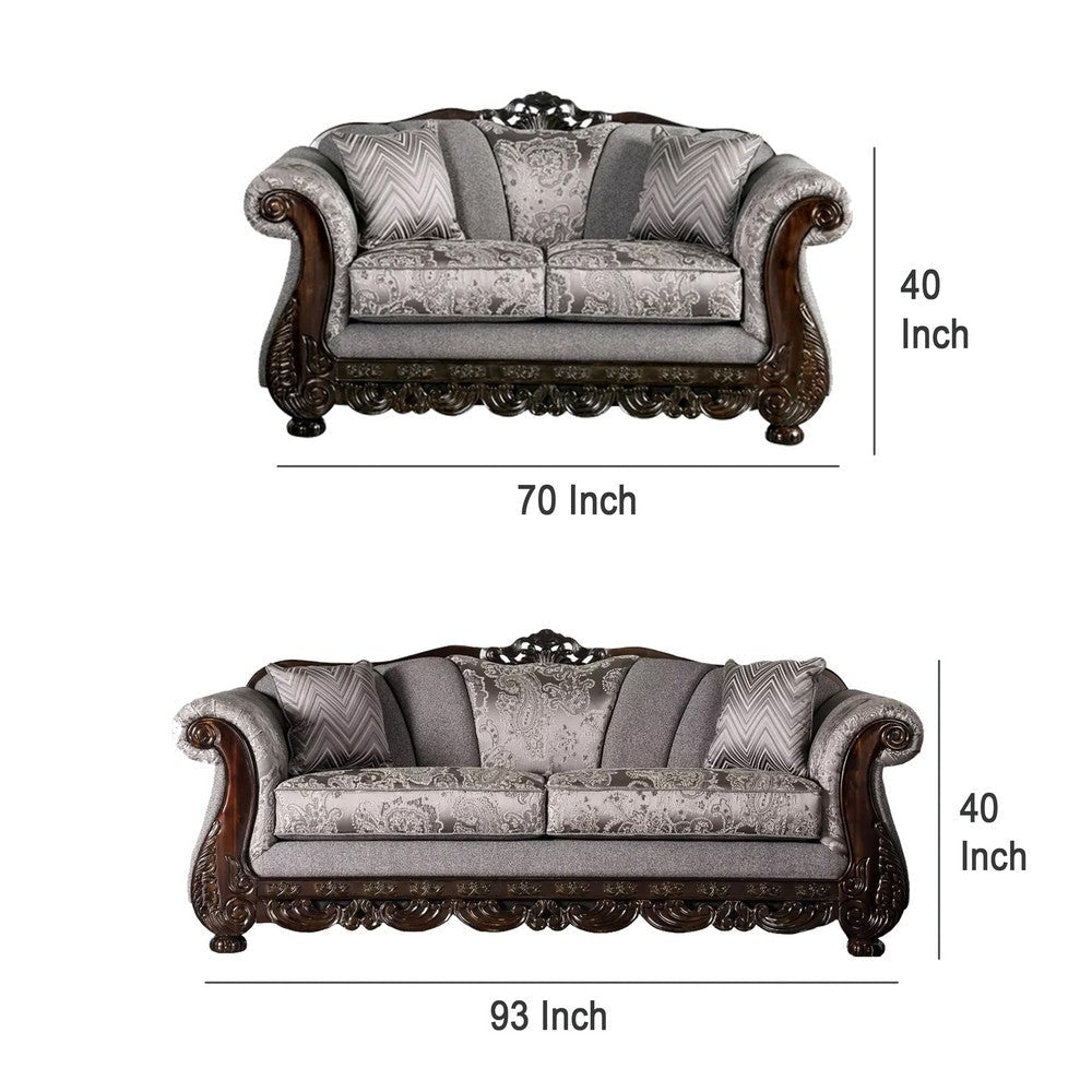 Delie 2pc Sofa Loveseat Set Gray Chenille 4 Accent Throw Pillows