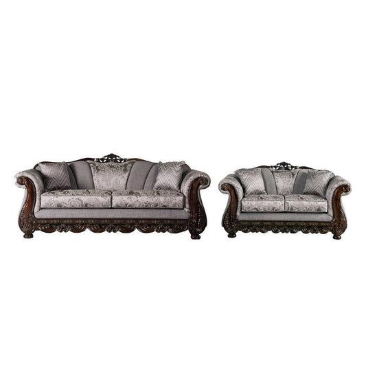 Delie 2pc Sofa Loveseat Set, Gray Chenille, 4 Accent Throw Pillows