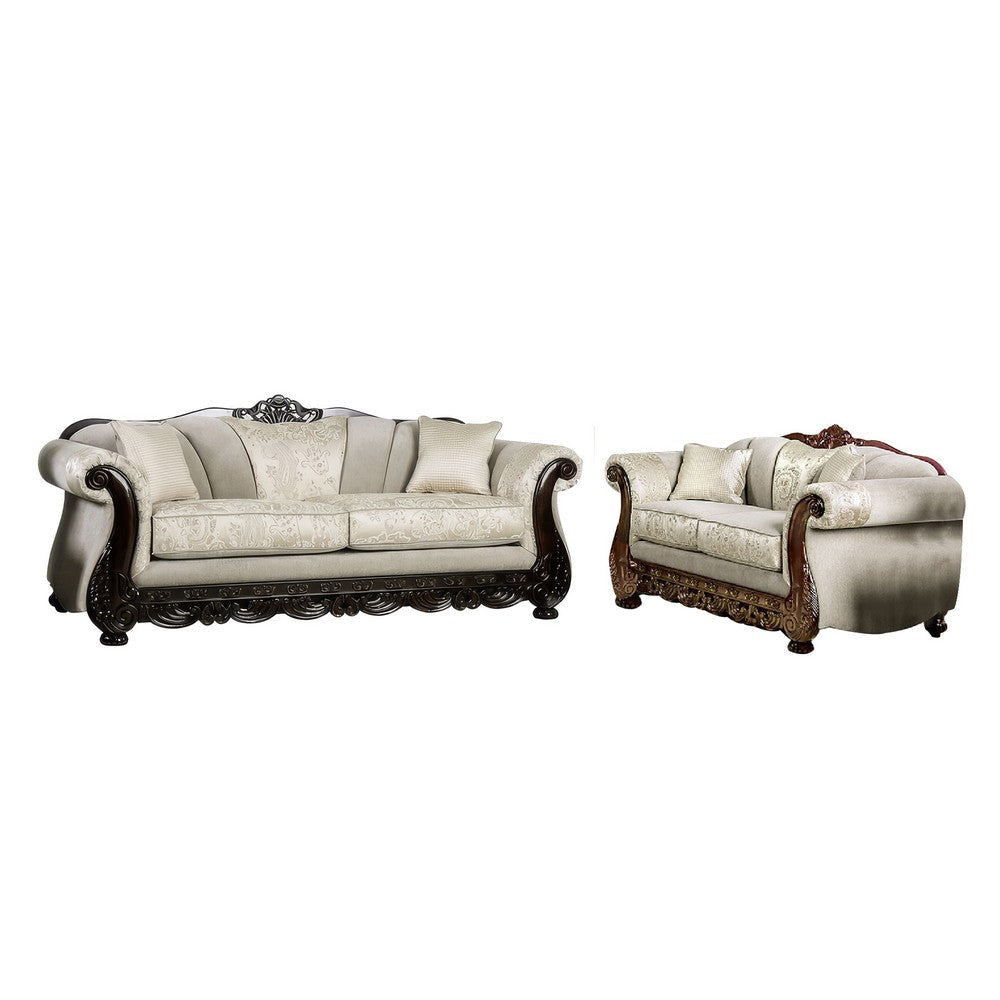 Delie 2pc Sofa Loveseat Set, Ivory Chenille, 4 Accent Throw Pillows