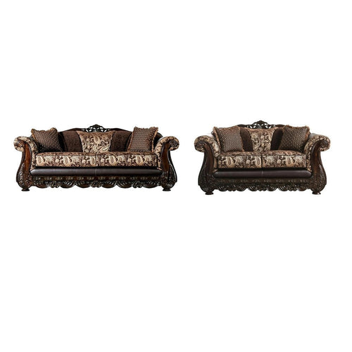 Delie 2pc Sofa Loveseat Set, Brown Gold Chenille, 4 Accent Pillows