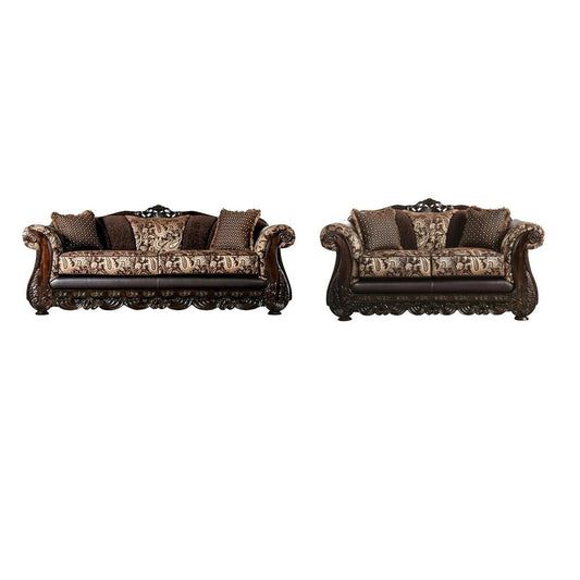Delie 2pc Sofa Loveseat Set, Brown Gold Chenille, 4 Accent Pillows
