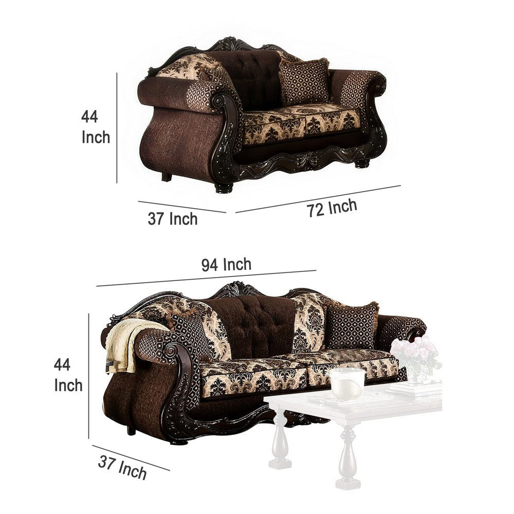 Jinaa 2pc Sofa Loveseat Set Dark Brown Chenille 4 Accent Pillows BM330311