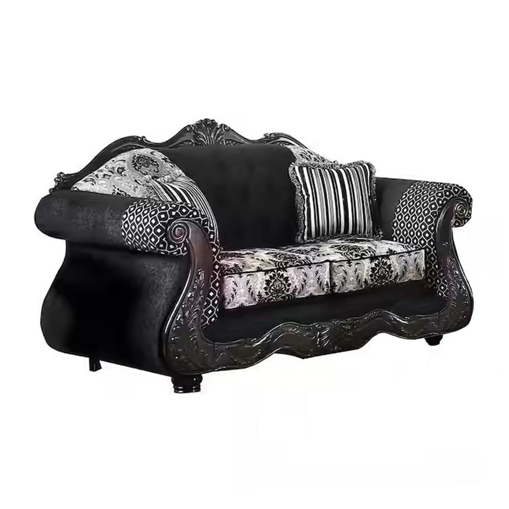 Jinaa 2pc Sofa Loveseat Set Black Gray Chenille 5 Accent Pillows BM330312