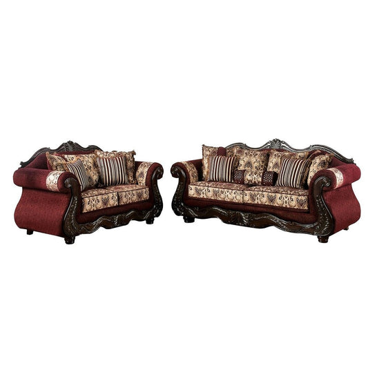 Maty 2pc Sofa Loveseat Set, Burgundy Brown Chenille, 5 Accent Pillows