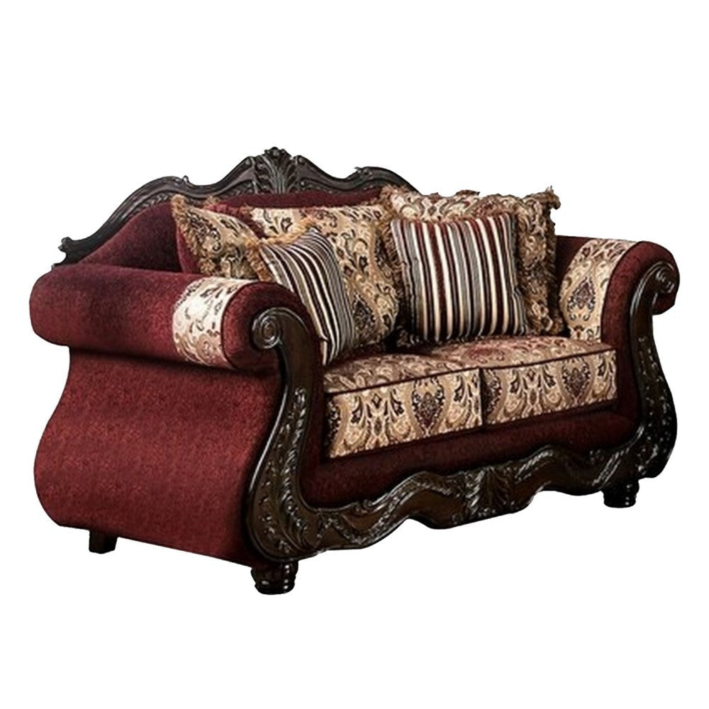 Maty 2pc Sofa Loveseat Set Burgundy Brown Chenille 5 Accent Pillows BM330313