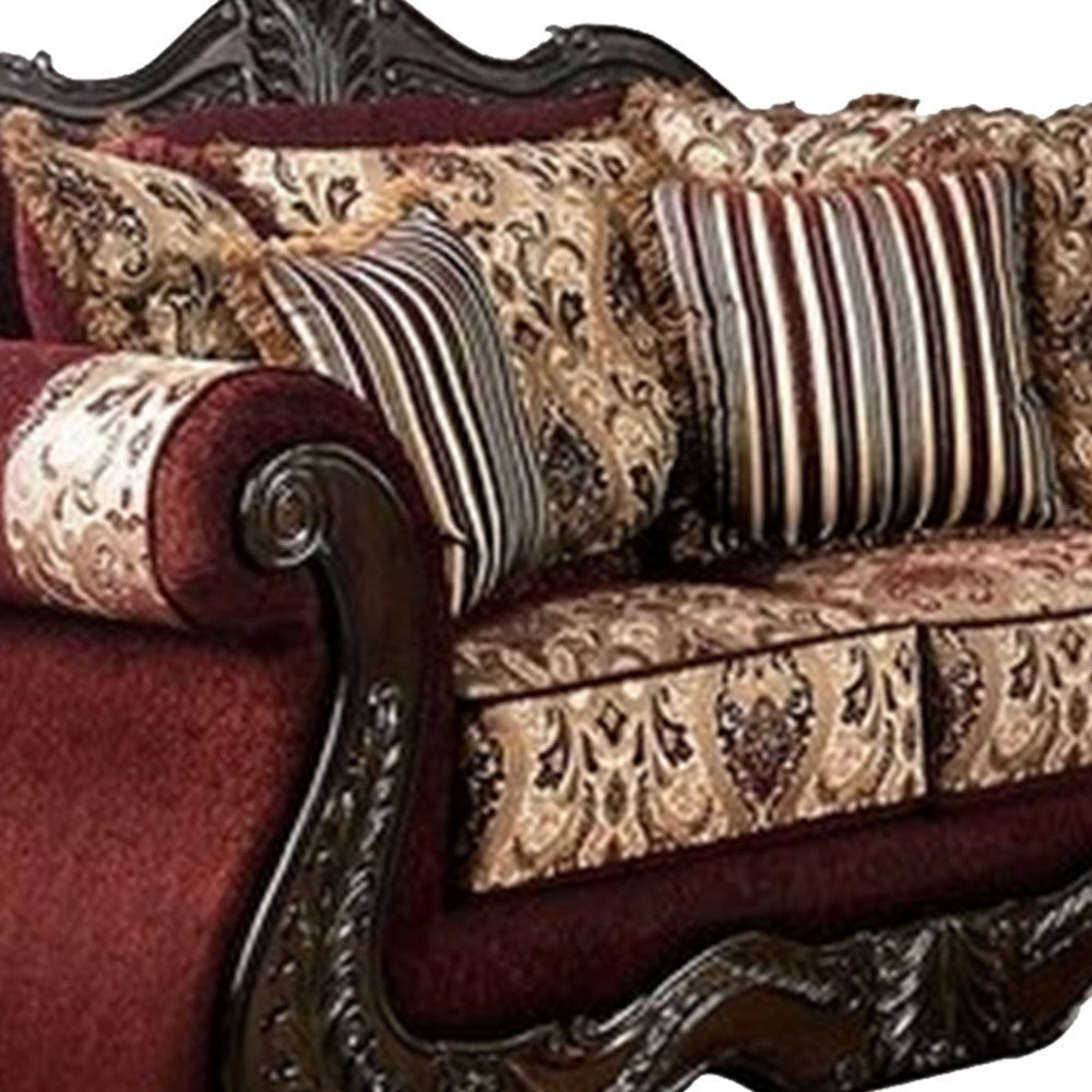 Maty 2pc Sofa Loveseat Set Burgundy Brown Chenille 5 Accent Pillows BM330313
