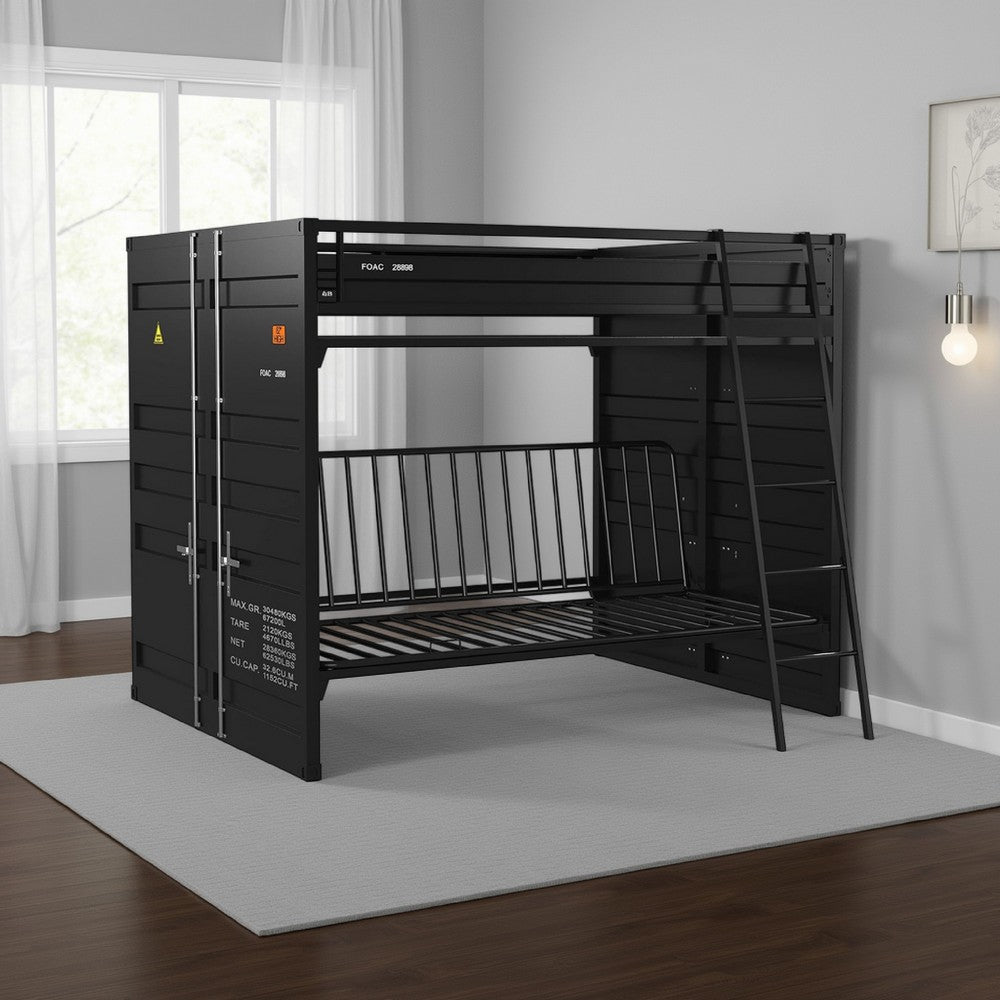 Twin Size Bunk Bed with Futon Sofa Base, Modern Black Metal Frame