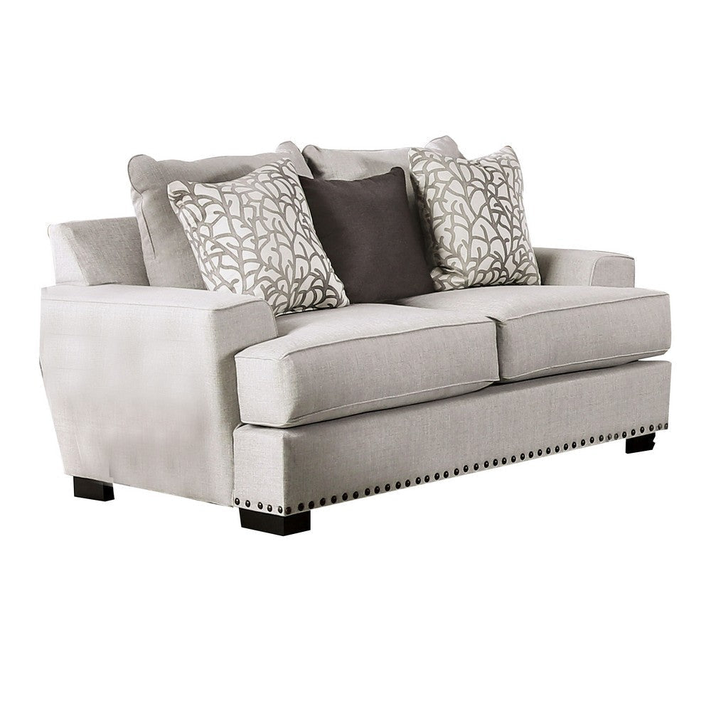 Coty Loveseat, 75 Inch, Light Gray, 3 Throw Pillows, T Shaped Cushion