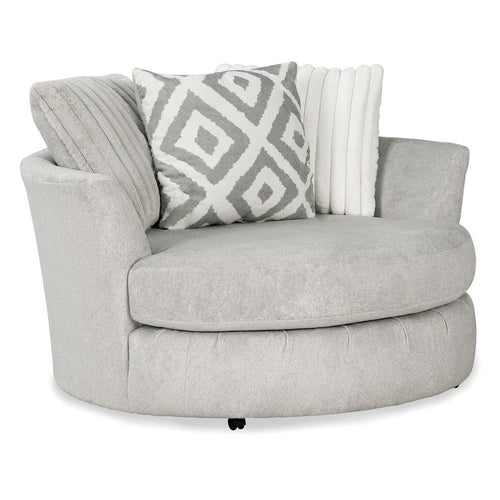 Tara Swivel Accent Chair, 58 Inch Round Gray Chenille, Solid Wood