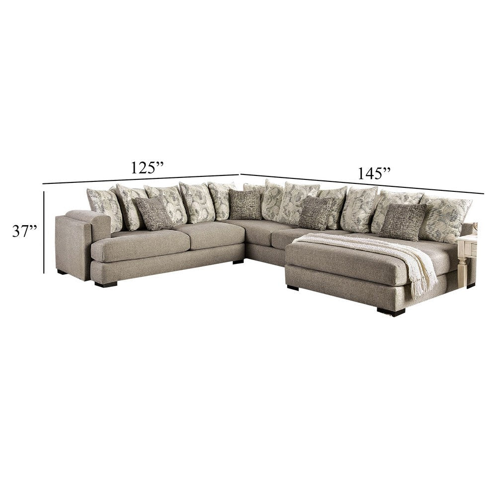 Sectional Sofa 4 Accent Pillows 145 Inch Gray Chenille Solid Wood BM330360