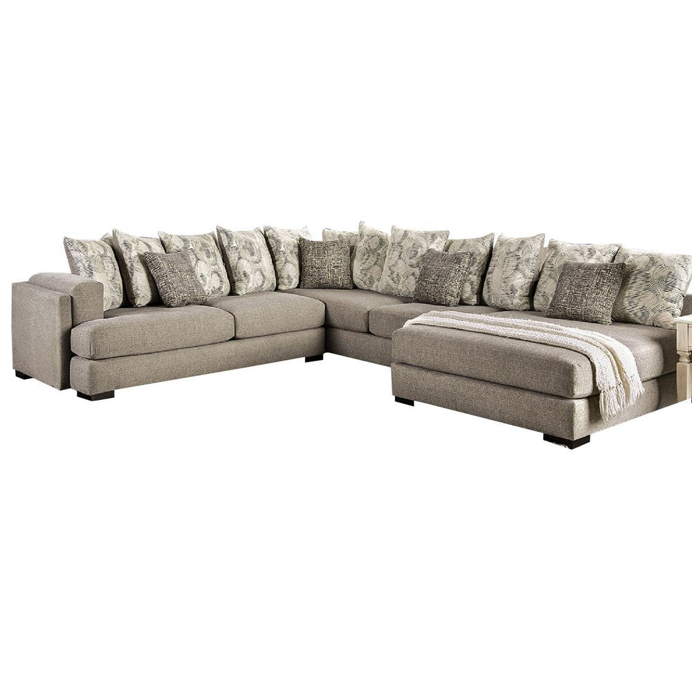 Sectional Sofa, 4 Accent Pillows, 145 Inch Gray Chenille, Solid Wood