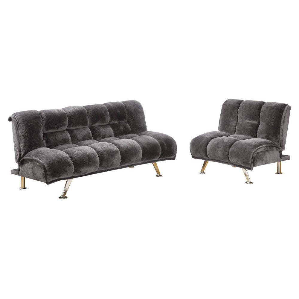 Belle 2pc Futon Sofa and Chair Set, Chrome Legs, Gray Champion Fabric