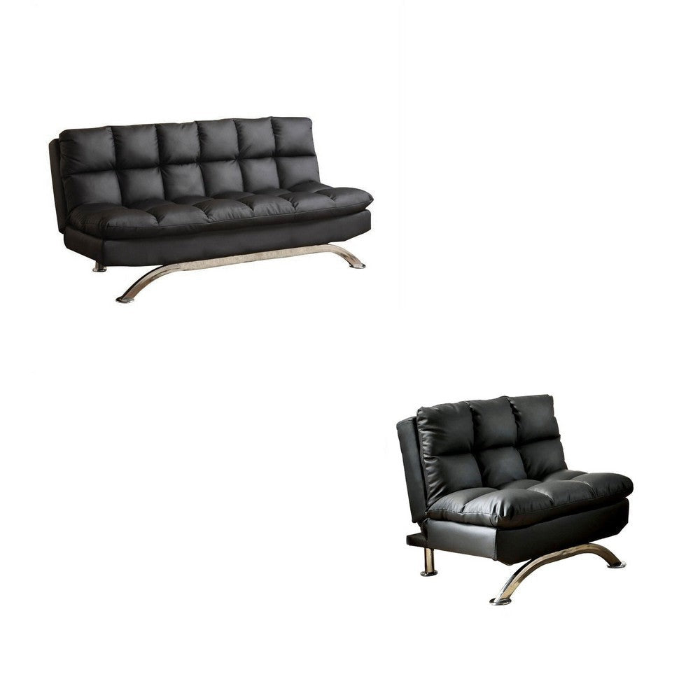 Karla 2pc Futon Sofa and Chair Set, Chrome Legs, Black Faux Leather