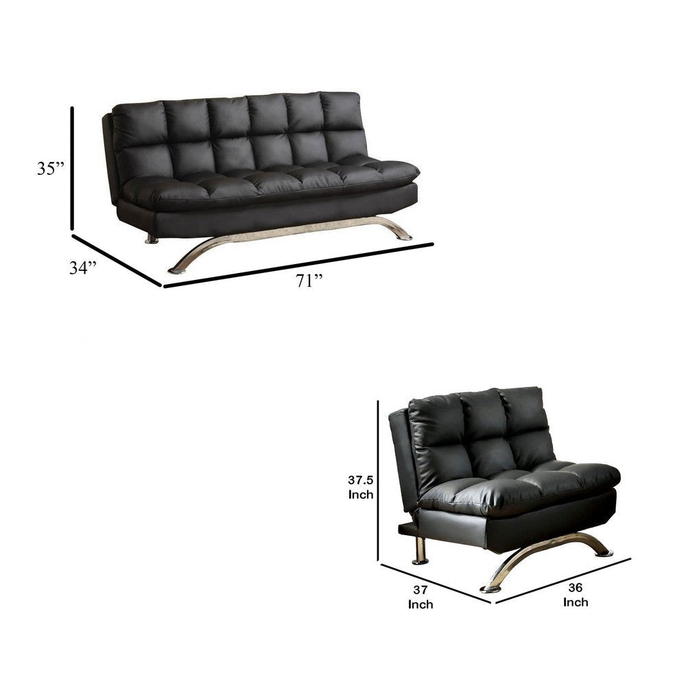 Karla 2pc Futon Sofa and Chair Set Chrome Legs Black Faux Leather BM330377