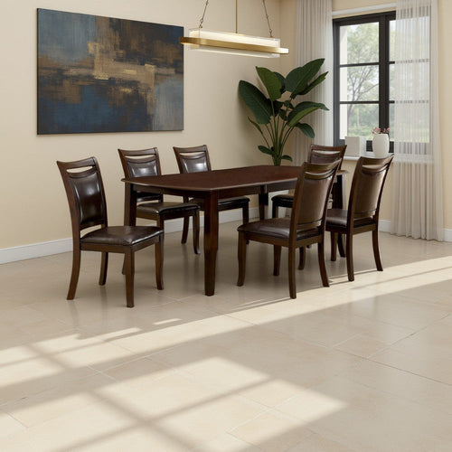 Woody 7pc Dining Table Set, 18-Inch Leaf, Espresso Faux Leather Chairs