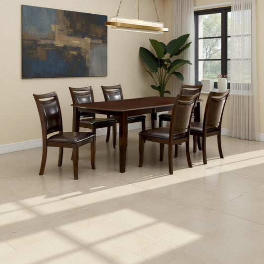 Woody 7pc Dining Table Set, 18-Inch Leaf, Espresso Faux Leather Chairs