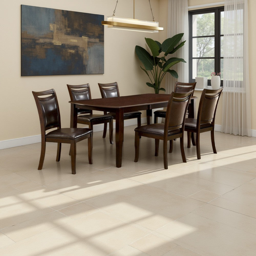 Woody 7pc Dining Table Set, 18-Inch Leaf, Espresso Faux Leather Chairs