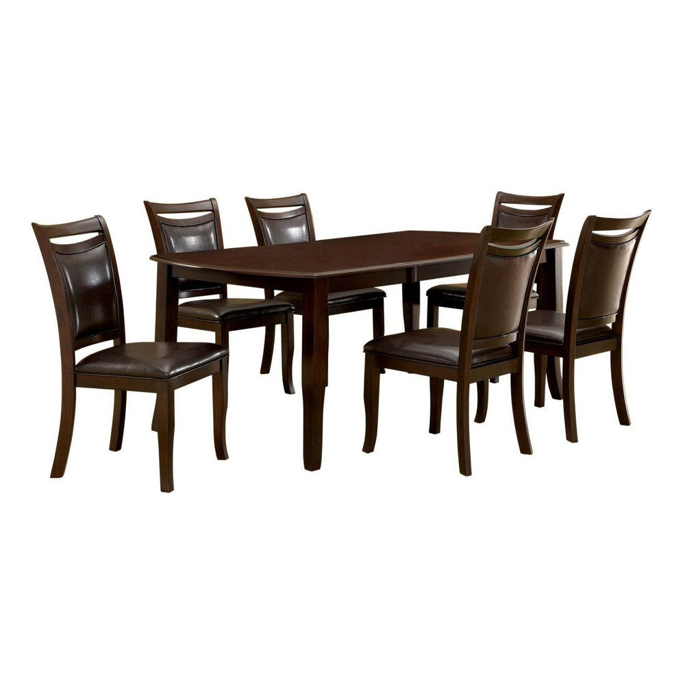 Woody 7pc Dining Table Set, 18-Inch Leaf, Espresso Faux Leather Chairs