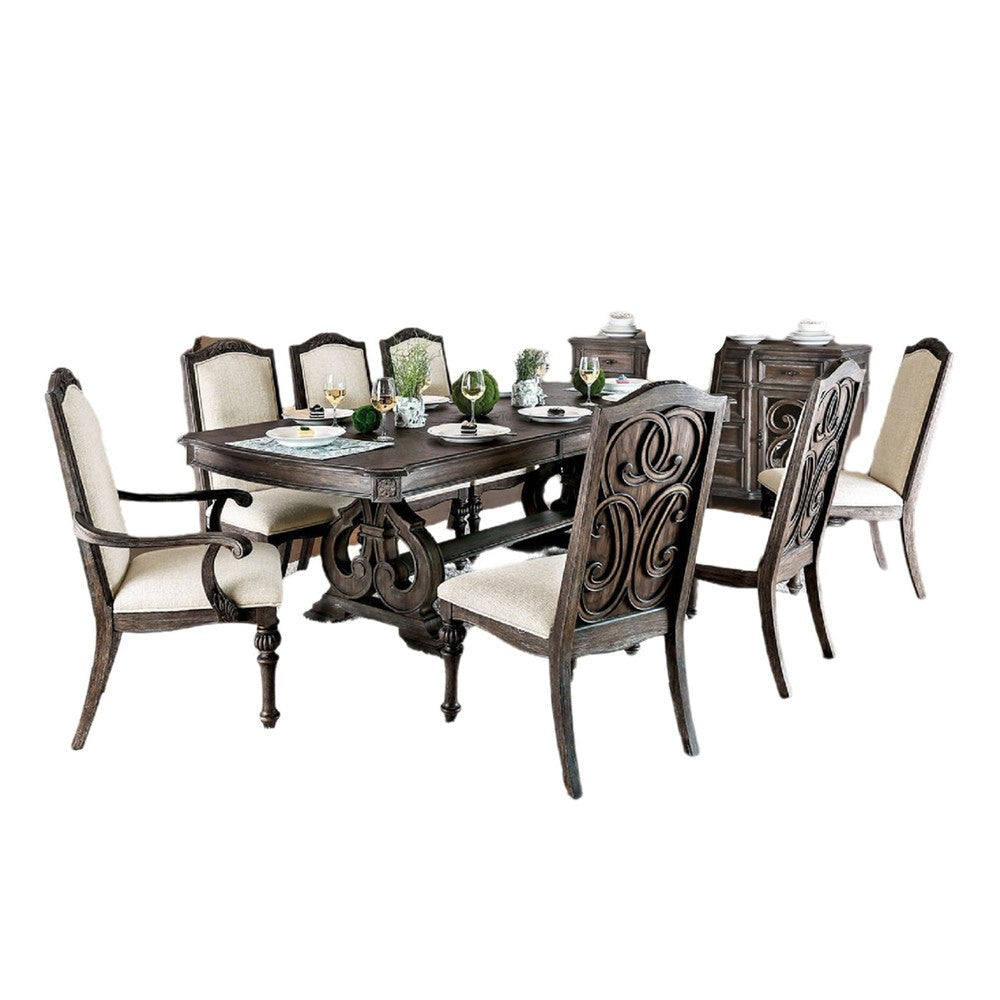 Arca 9pc Dining Table Set with 8 Ivory Fabric Chair, Rustic Solid Wood