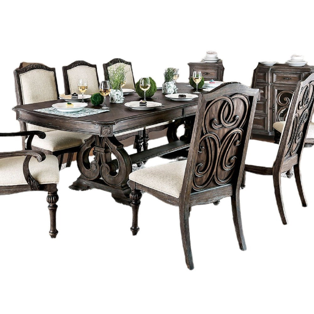 Arca 9pc Dining Table Set with 8 Ivory Fabric Chair Rustic Solid Wood BM330400