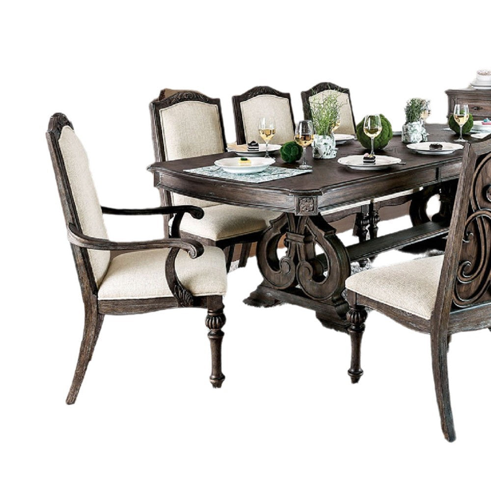 Arca 9pc Dining Table Set with 8 Ivory Fabric Chair Rustic Solid Wood BM330400