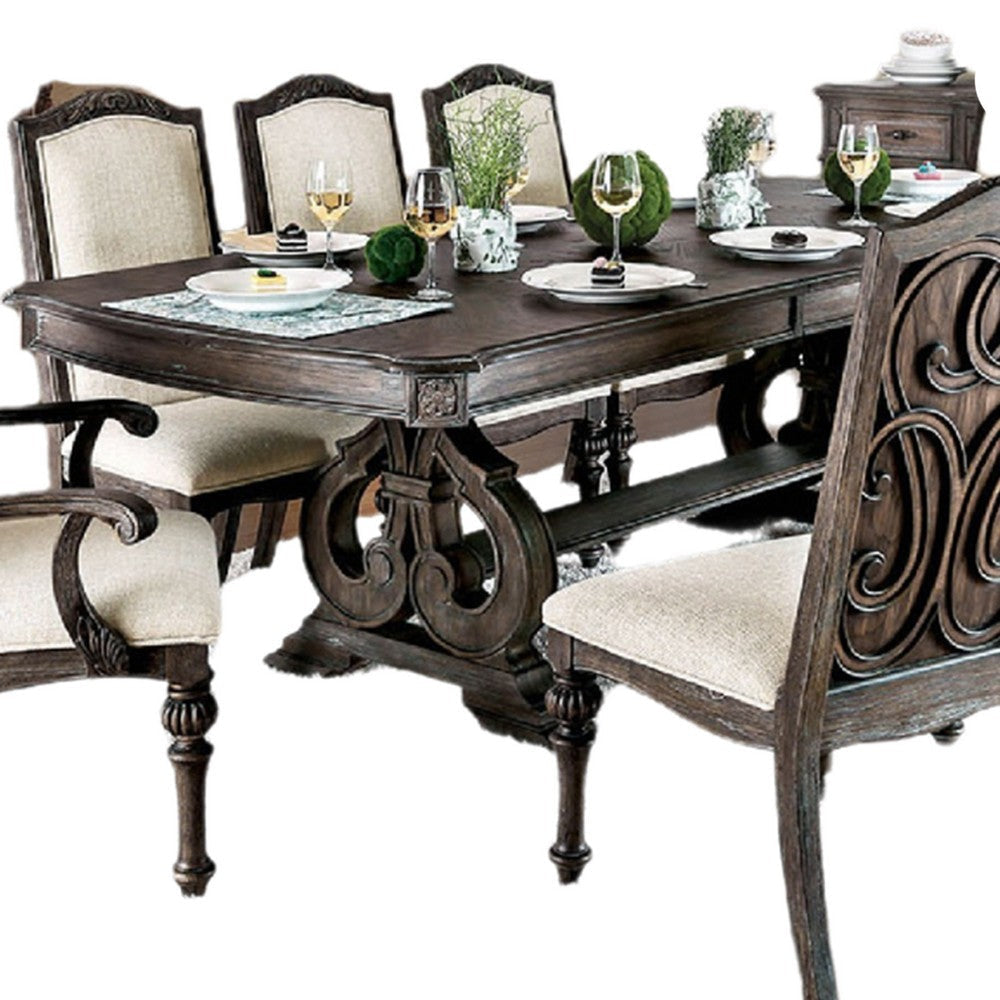 Arca 9pc Dining Table Set with 8 Ivory Fabric Chair Rustic Solid Wood BM330400