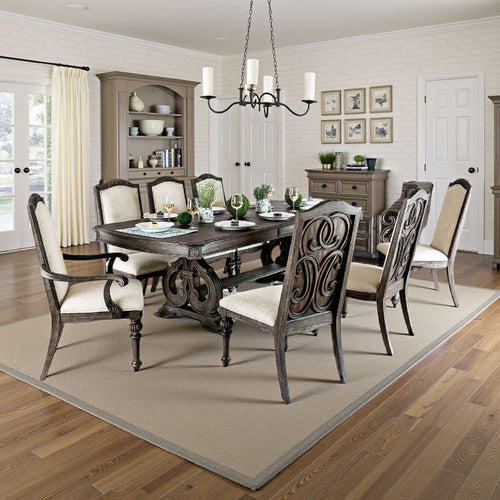 Arca 9pc Dining Table Set with 8 Ivory Fabric Chair, Rustic Solid Wood